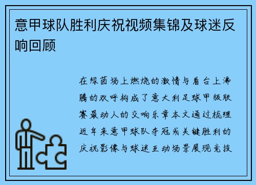 意甲球队胜利庆祝视频集锦及球迷反响回顾